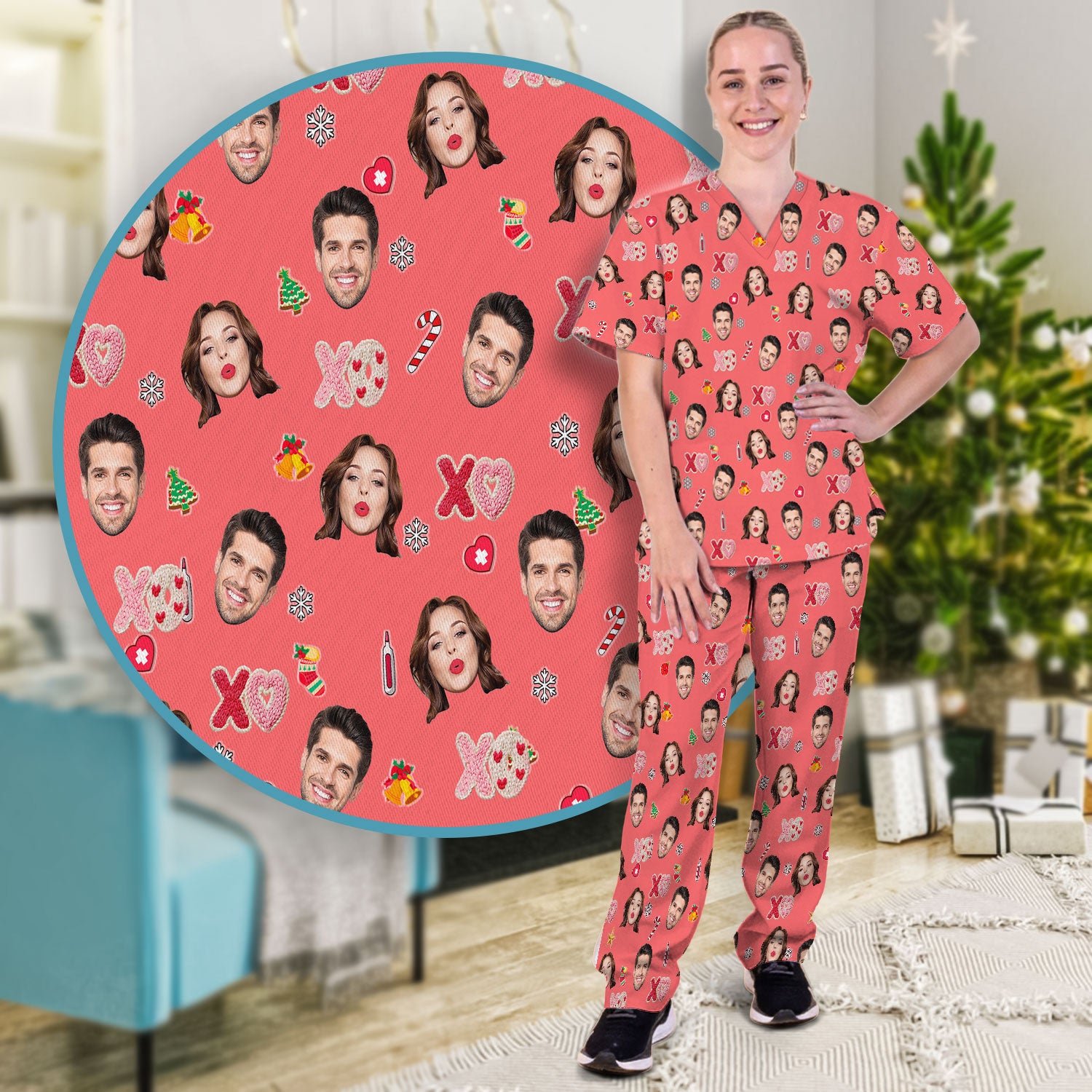 Personalized Photo Scrub Set, Custom Face XOXO Scrub Shirt, Breathable Fabrics Nursing Uniform