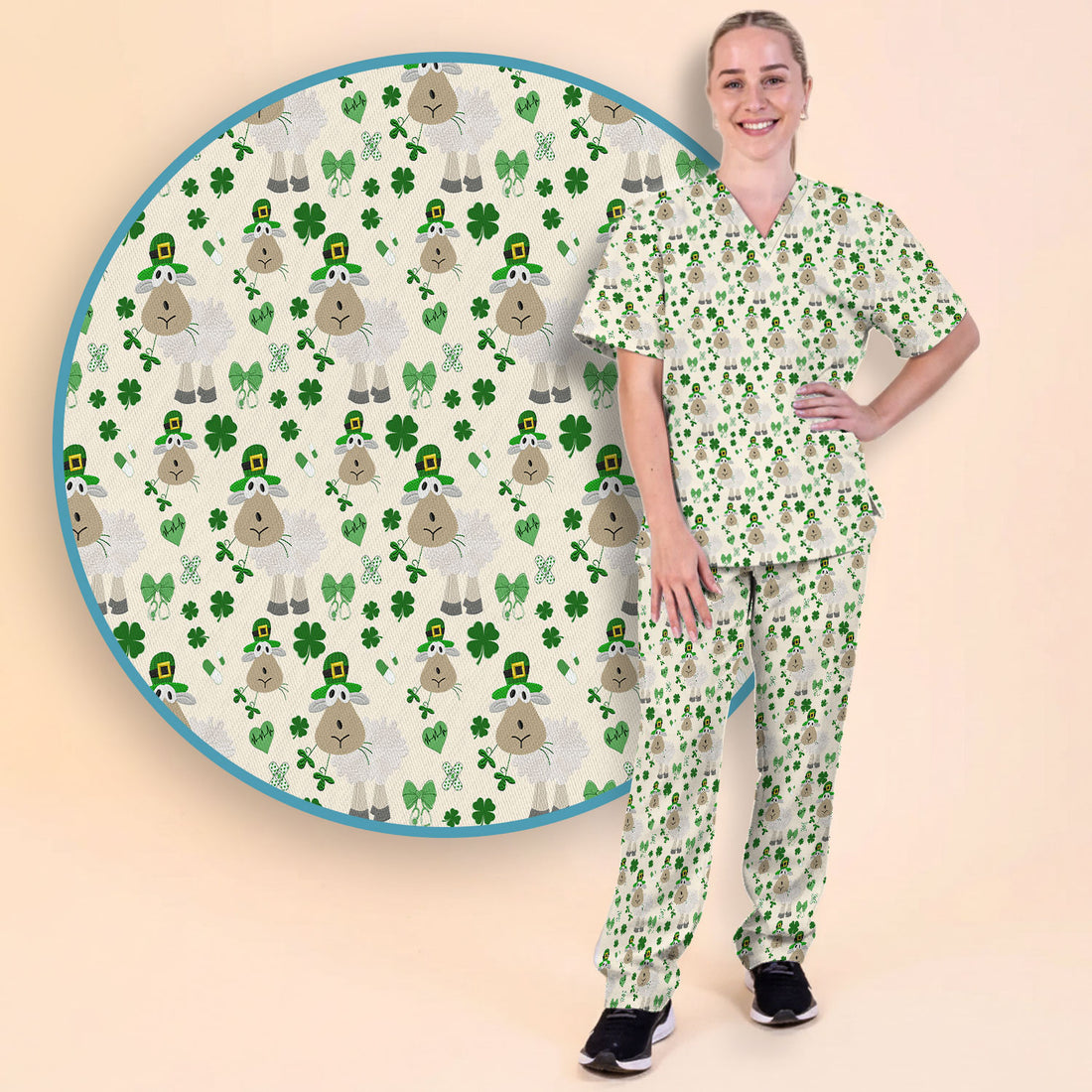 Nurse St. Patrick Scrubs Set, Cute Sheep Shamrock Pattern Nurse Shirt, Breathable Fabrics Nursing Uniform