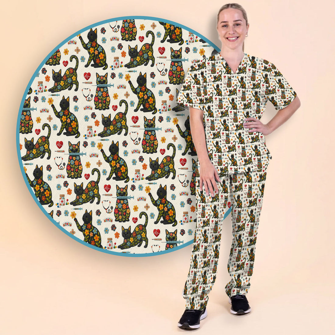 Floral Black Cat Pattern Scrub Set, Cute Cat Nurse Scrub Shirt, Medical Nursing Uniform
