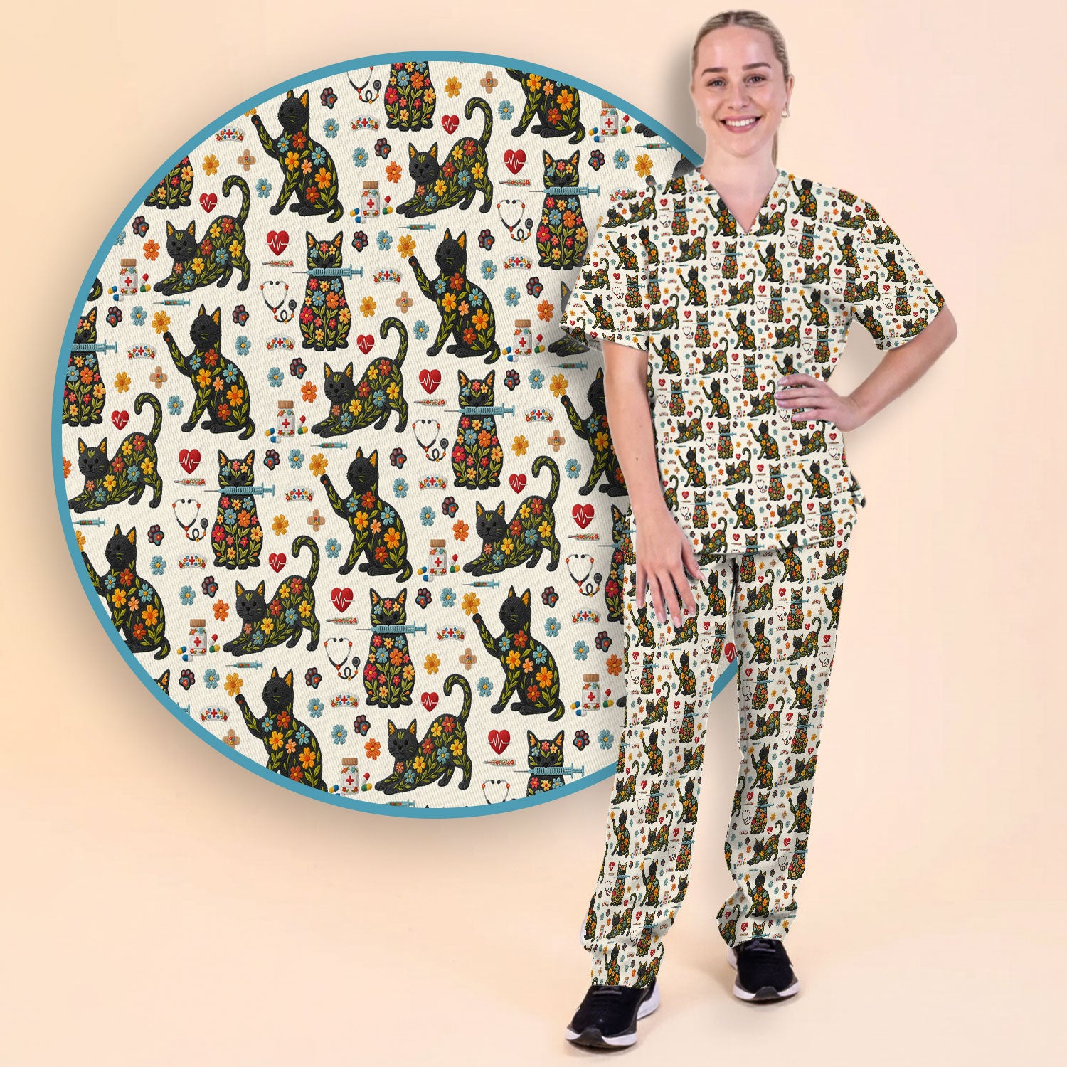 Floral Black Cat Pattern Scrub Set, Cute Cat Nurse Scrub Shirt, Medical Nursing Uniform