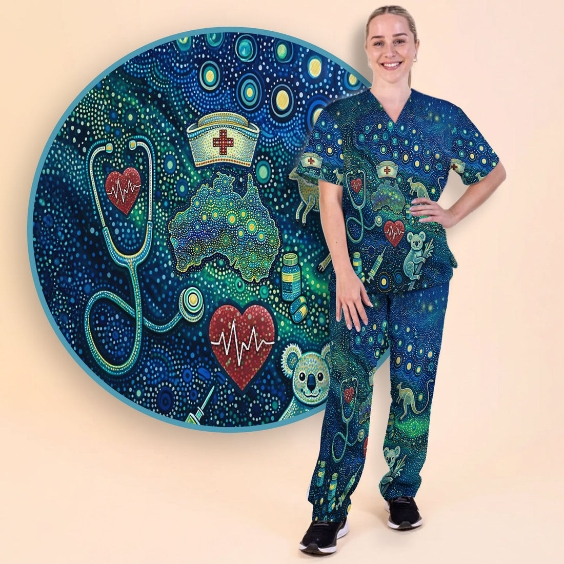 Aboriginal Nurse Australia Scrub Set, Kangaroo Koala Dot Art Medical Pattern Shirt, Breathable Fabrics Nursing Uniform