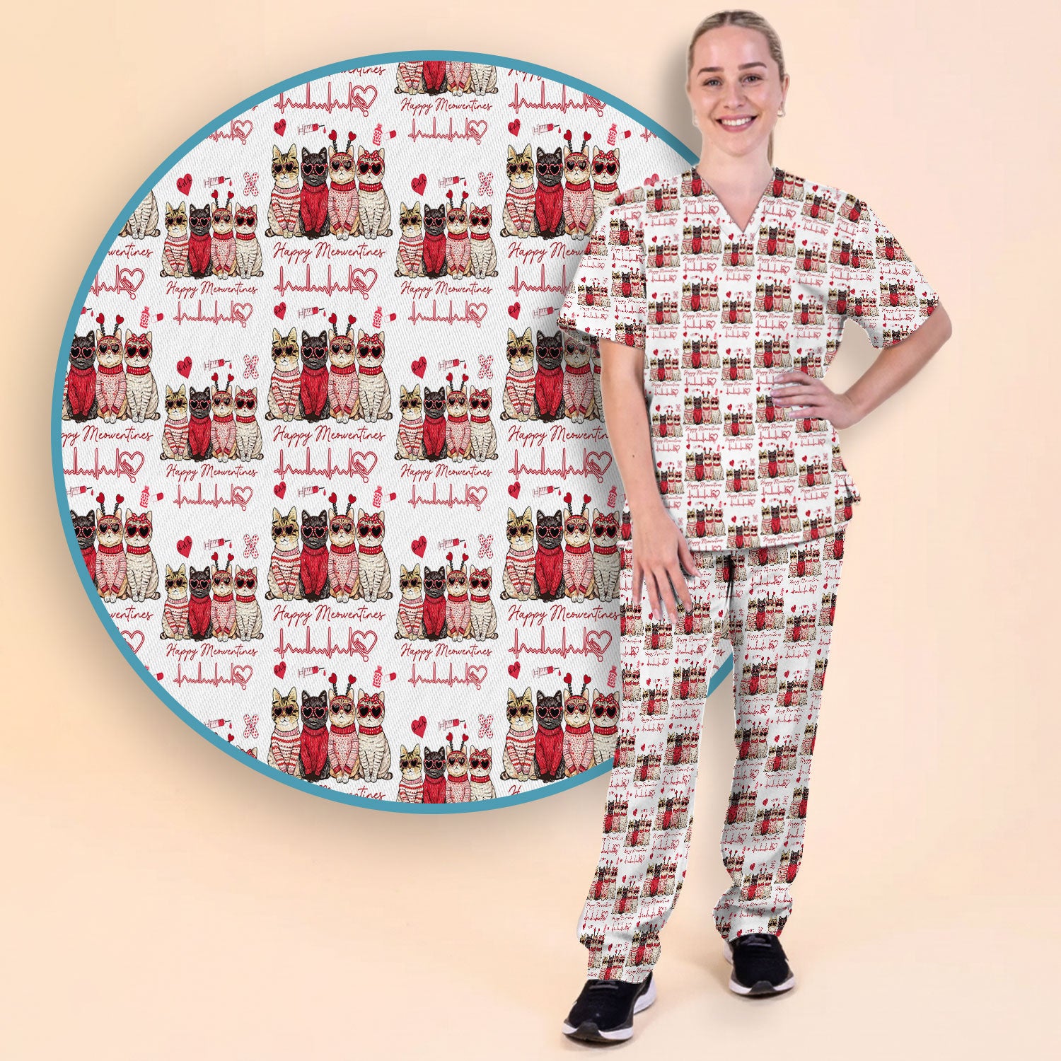 Happy Meowtines Cat Pattern Scrub Set, Valentine Cat Lover Nurse Scrub Shirt, Heartbeat Medical Pattern Nursing Uniform