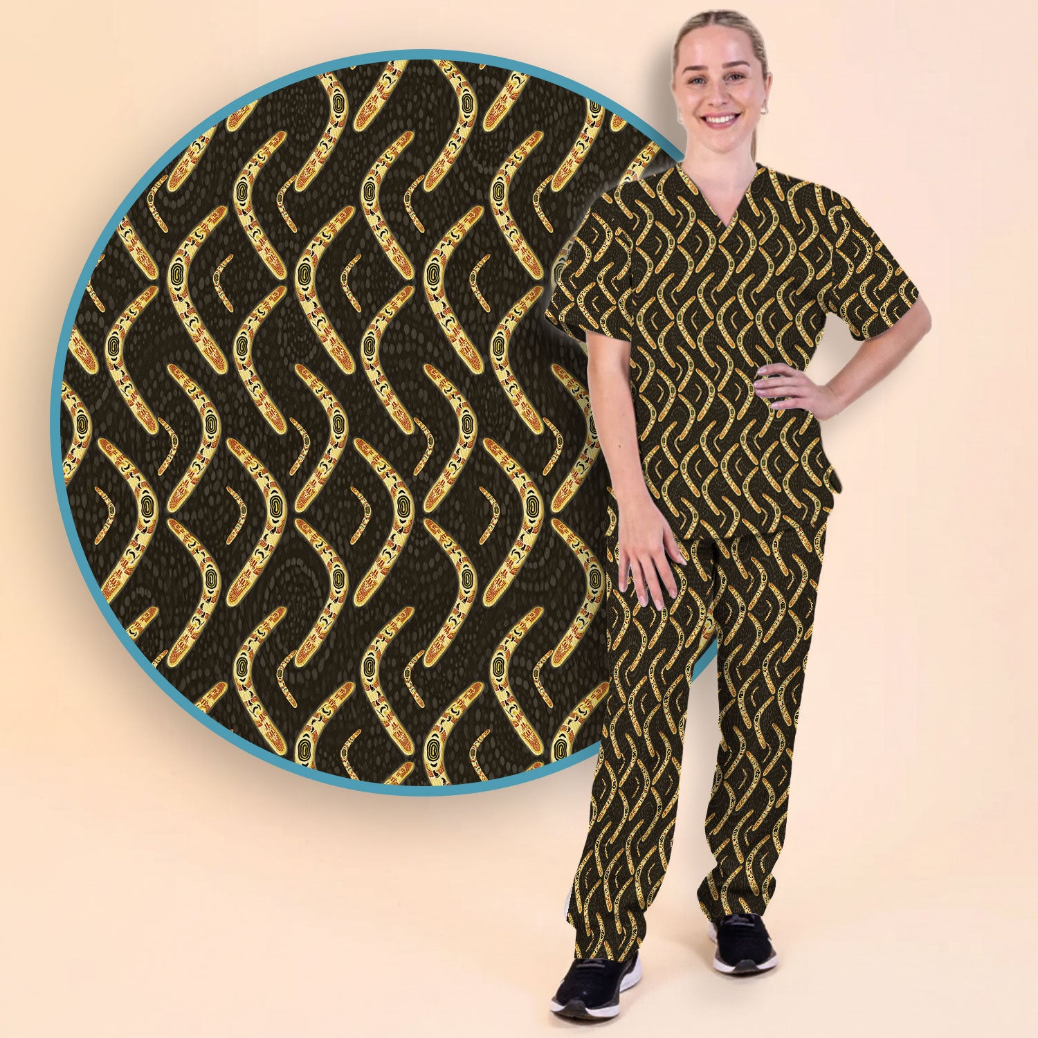 Aboriginal Boomerang Pattern Women Scrub Set, Breathable Med Uniform