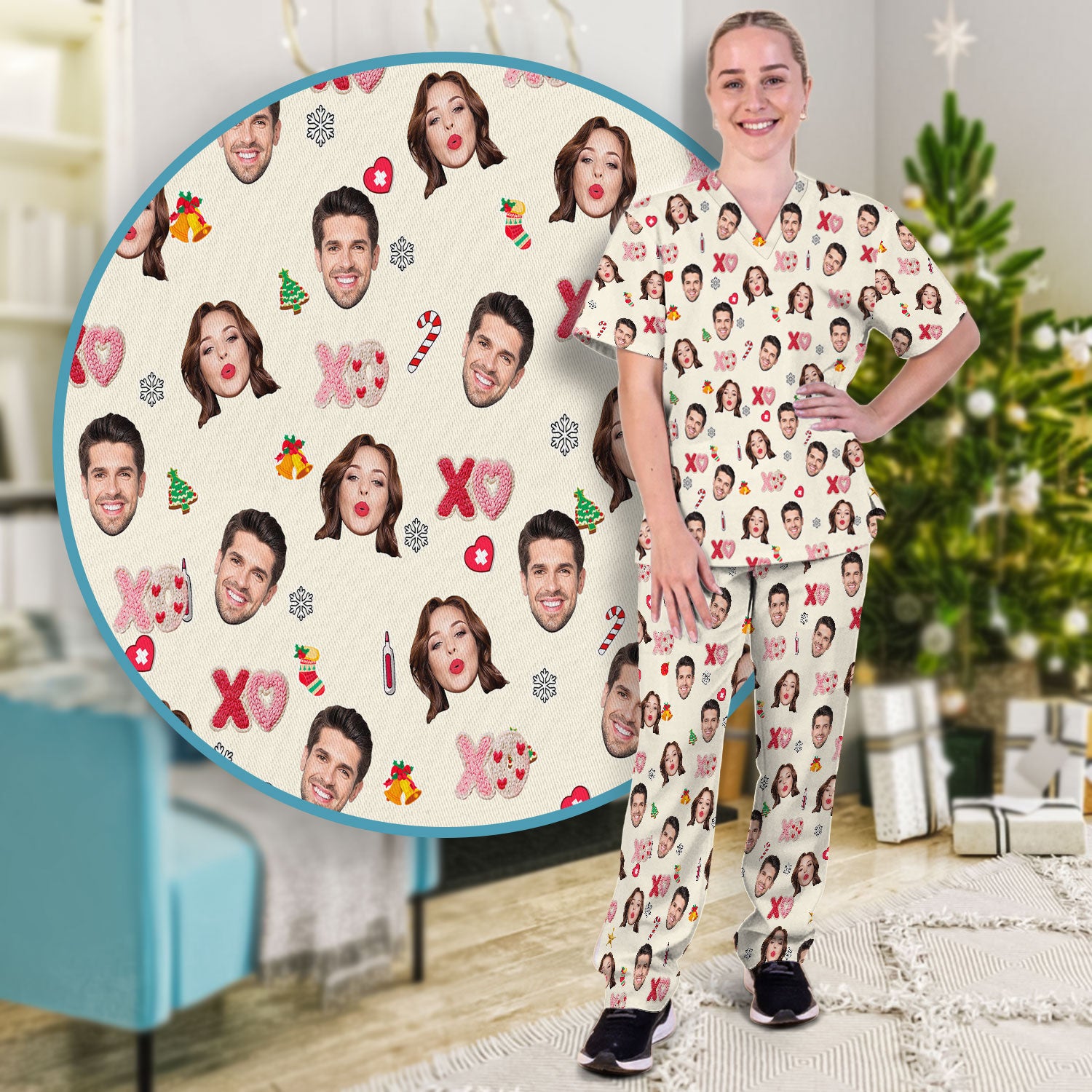 Personalized Photo Scrub Set, Custom Face XOXO Scrub Shirt, Breathable Fabrics Nursing Uniform