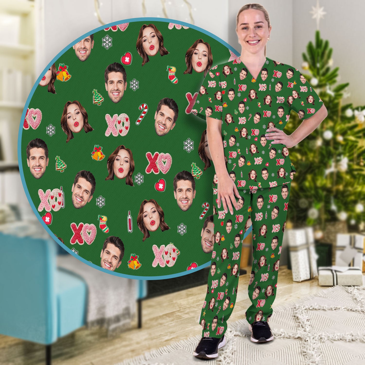 Personalized Photo Scrub Set, Custom Face XOXO Scrub Shirt, Breathable Fabrics Nursing Uniform