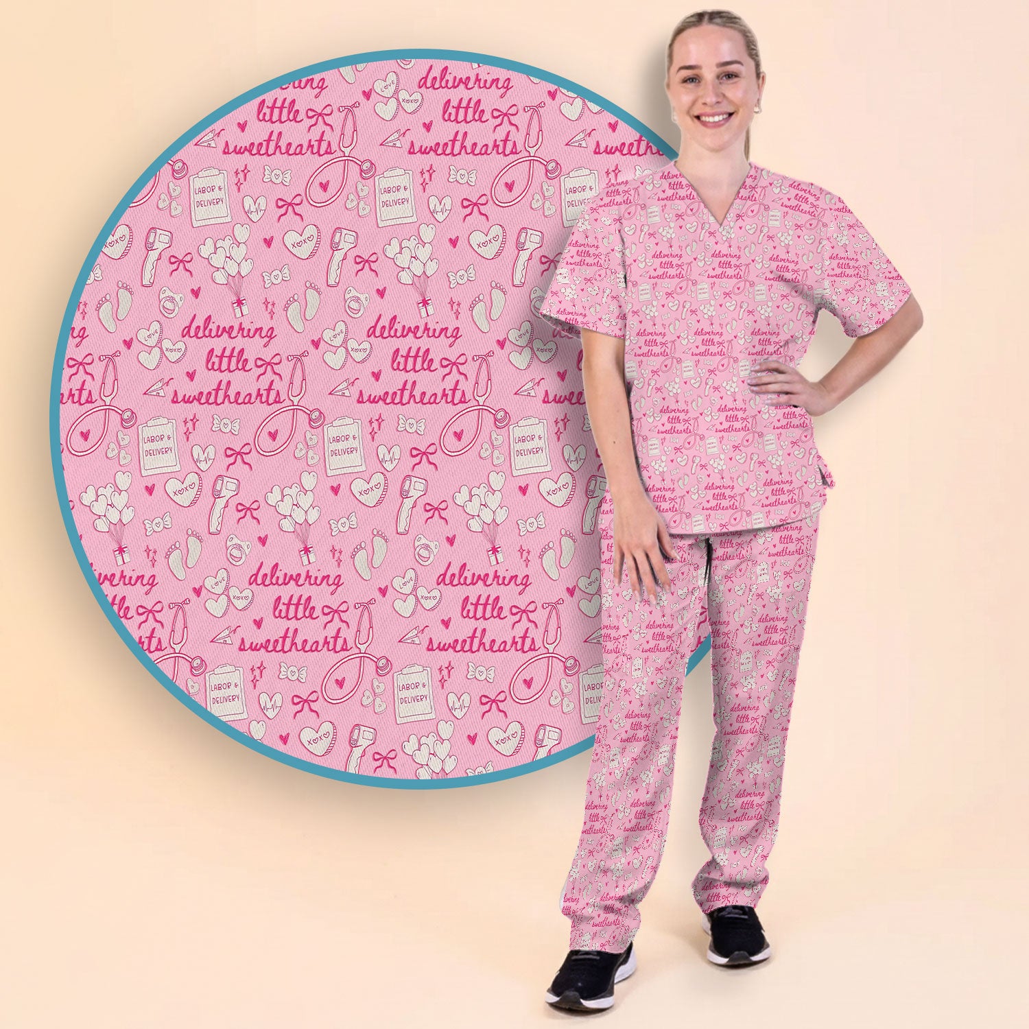 Valentine Labor And Delivery Scrub Set, XOXO Pattern Scrub Shirt, Breathable Fabrics Nursing Uniform For Women