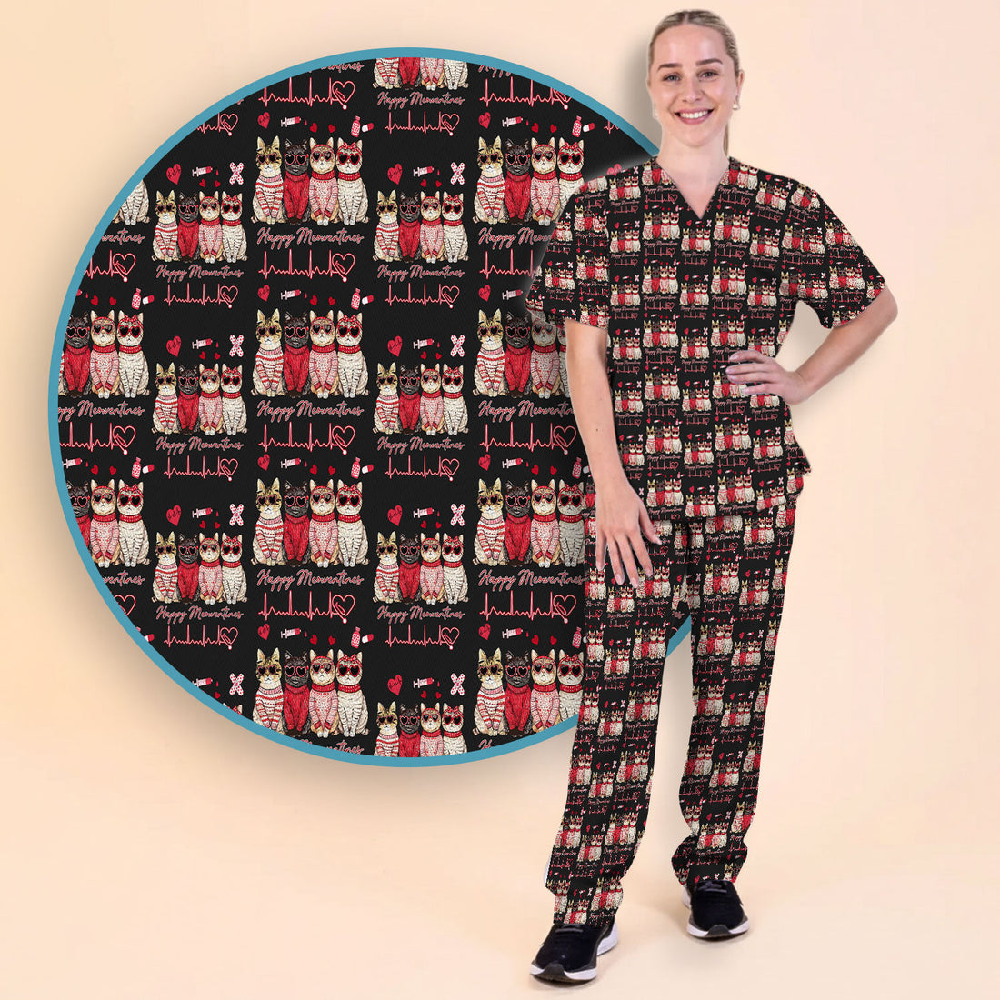 Happy Meowtines Cat Pattern Scrub Set, Valentine Cat Lover Nurse Scrub Shirt, Heartbeat Medical Pattern Nursing Uniform