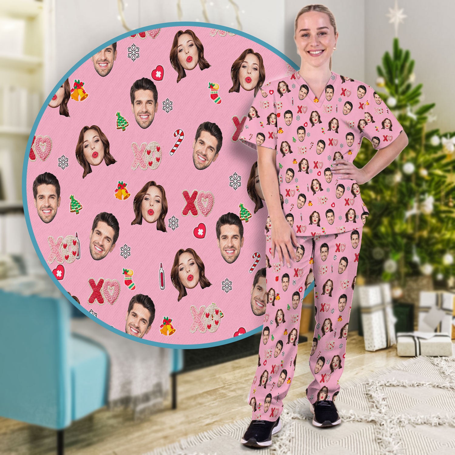 Personalized Photo Scrub Set, Custom Face XOXO Scrub Shirt, Breathable Fabrics Nursing Uniform