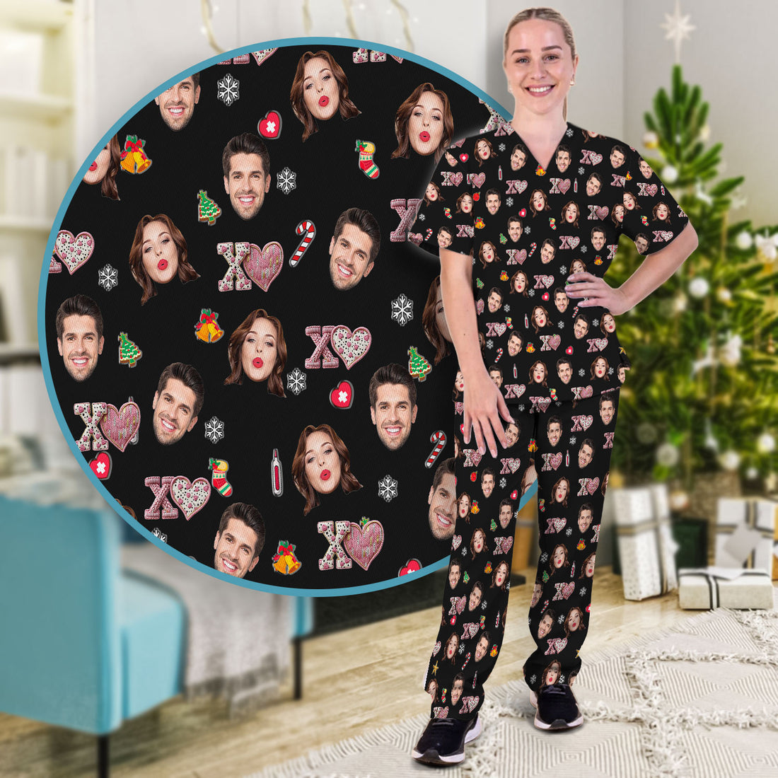 Custom Face Pattern XOXO Scrub Shirt, Personalized Photo Scrub Set, Breathable Fabrics Nursing Uniform