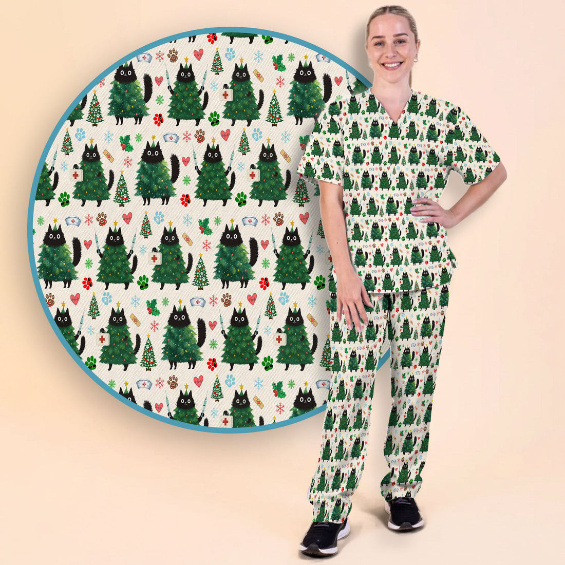 Christmas Nurse Scrub Set, Xmas Black Cat Pattern Nurse Shirt,  Breathable Fabrics Nursing Uniform