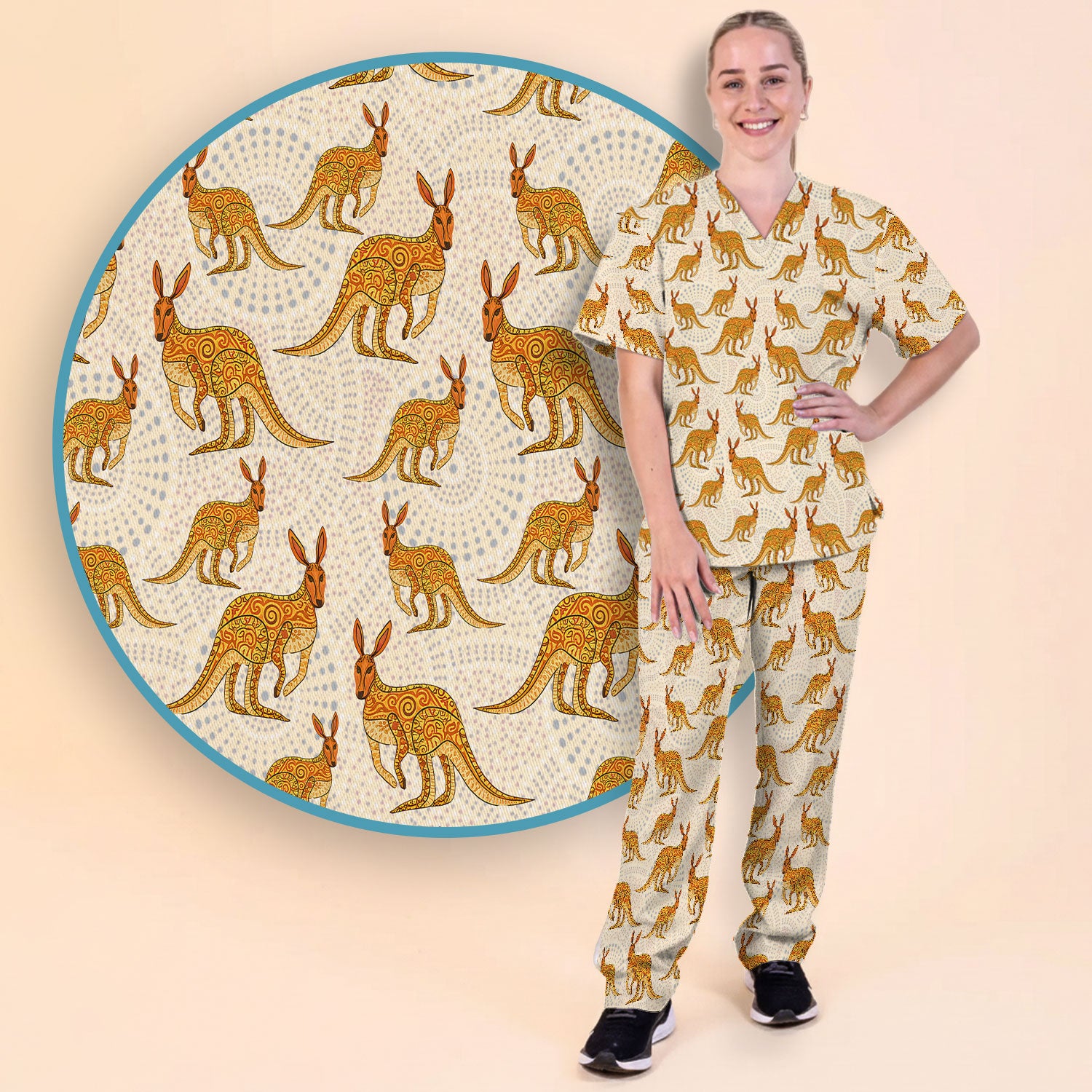 Australian Kangaroo Dot Art Inspired Nursing Scrub Set - Women Uniform