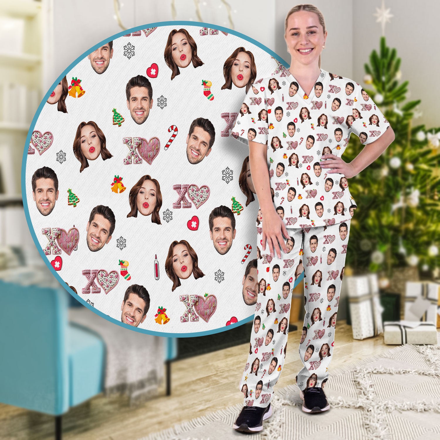 Custom Face Pattern XOXO Scrub Shirt, Personalized Photo Scrub Set, Breathable Fabrics Nursing Uniform