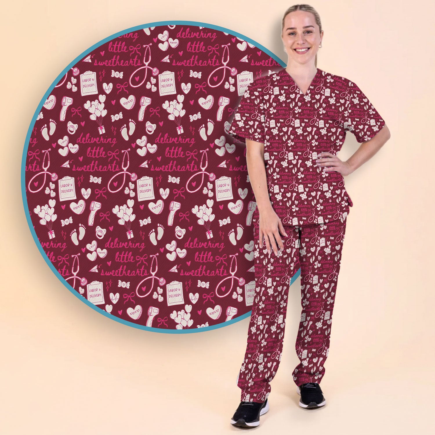 Valentine Labor And Delivery Scrub Set, XOXO Pattern Scrub Shirt, Breathable Fabrics Nursing Uniform For Women