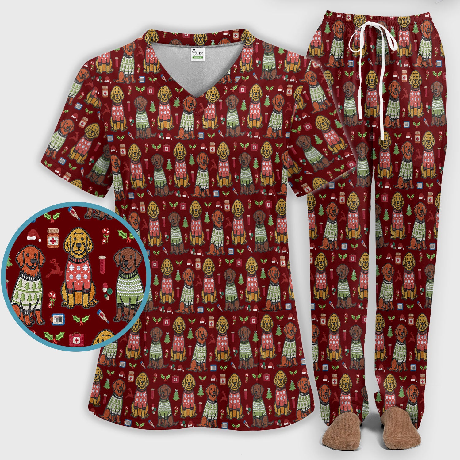 Golden Retriever Christmas Scrub Set, Cute Holiday Dog Nurse Pattern Shirt, Breathable Fabrics Nursing Uniform