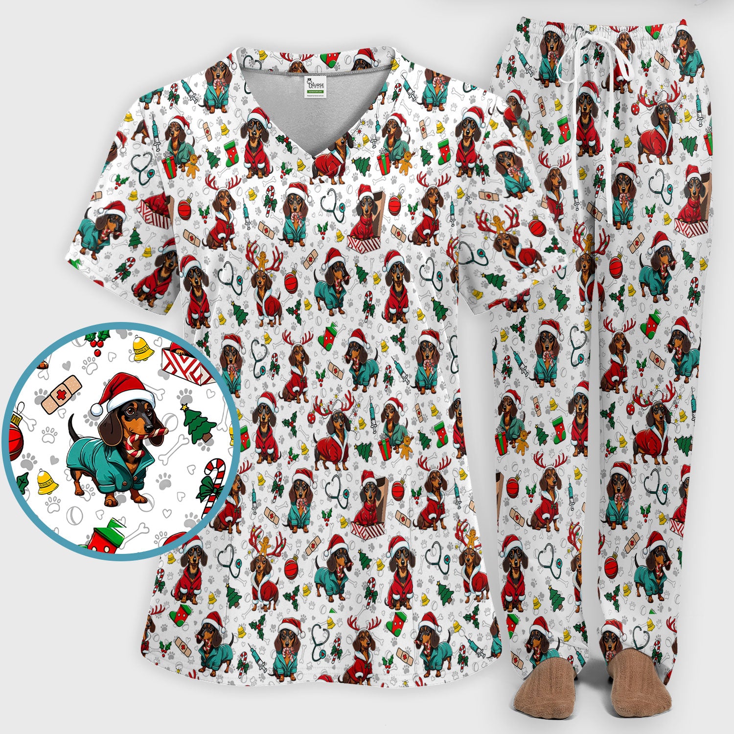 Christmas Dachshund Scrub Set for Nurses - Cute Sausage Dog Holiday - Funny Reindeer & Santa Scrubs Pants and V Neck Top