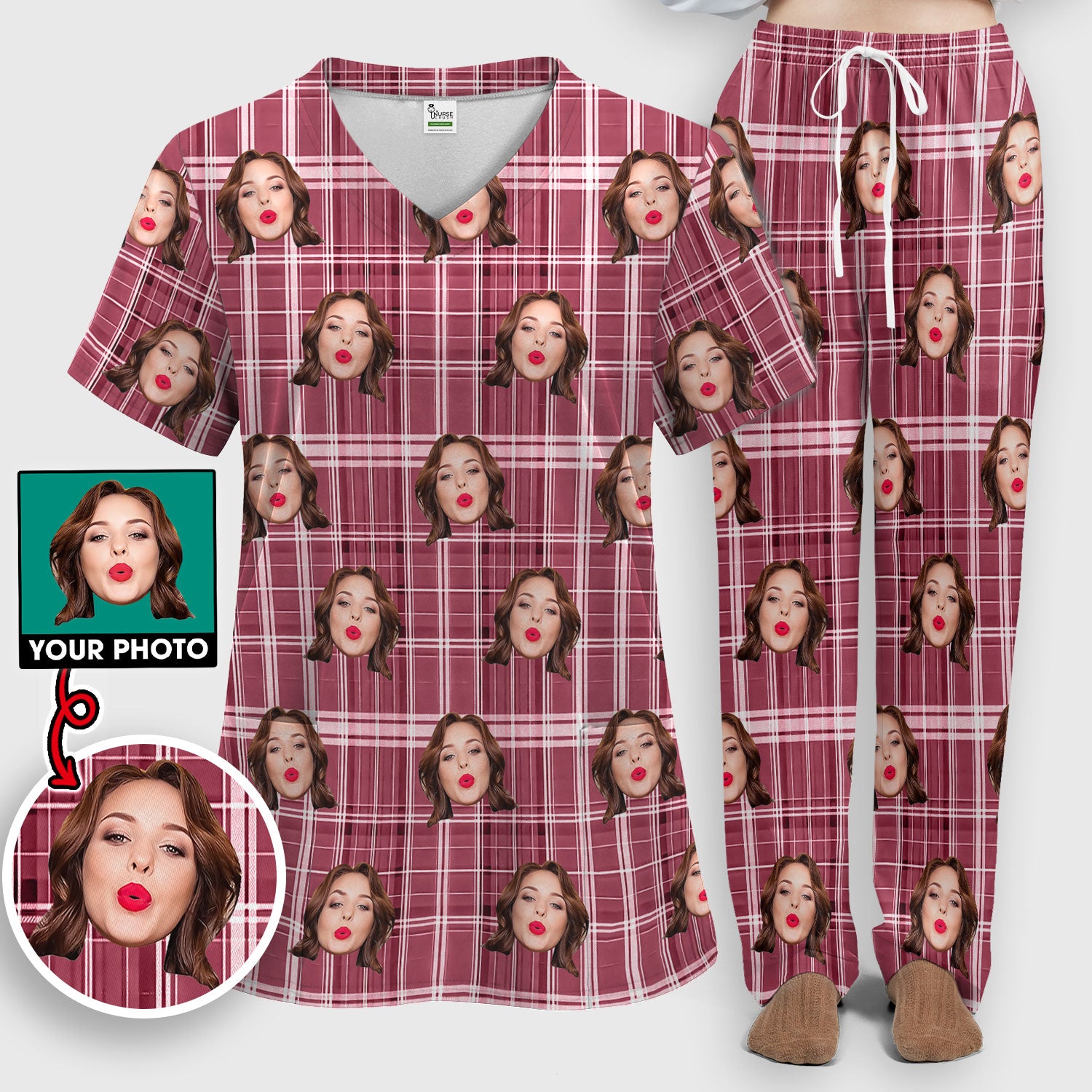 Personalized Funny Face Plaid Scrub Set, Custom Photo Pattern Medical Uniform For Nurses, Breathable Fabrics Nursing Uniform