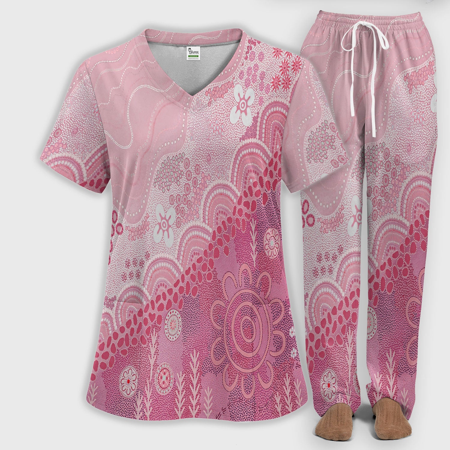 Floral Mandala Dot Pattern Women's Scrub Set, Scrub Pants and V Neck Top