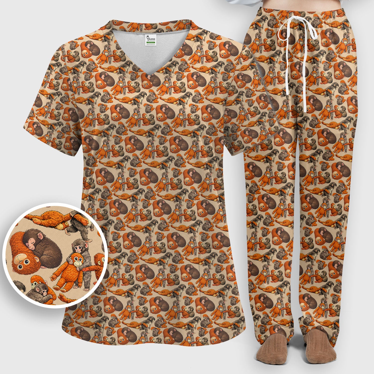 Funny Baby Monkeys With Cute Poses Pattern Scrubs Sets, Scrub Pants and V Neck Top
