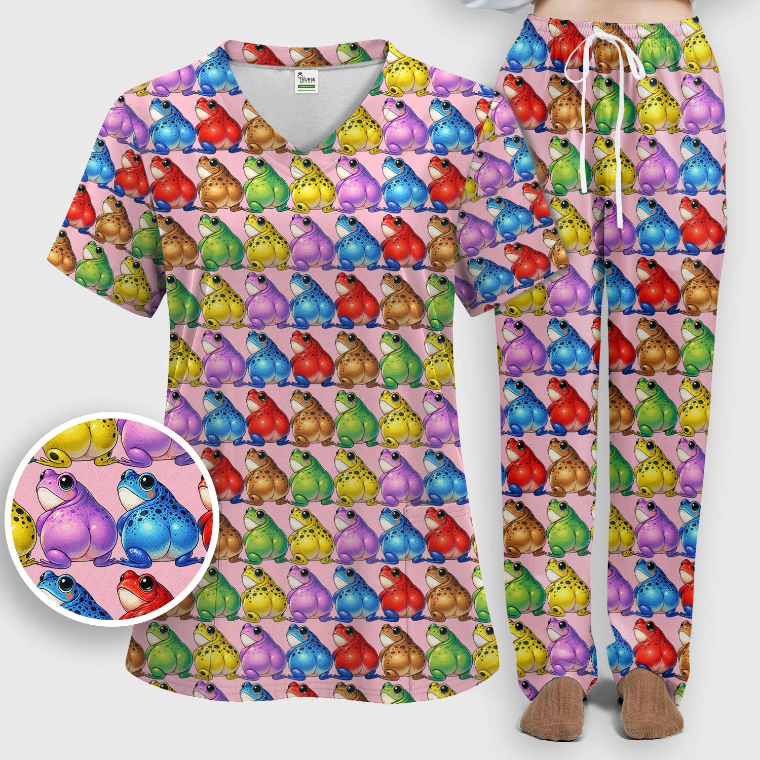 Funny Colorful Frogs Pattern Scrubs Sets, Scrub Pants and V Neck Top