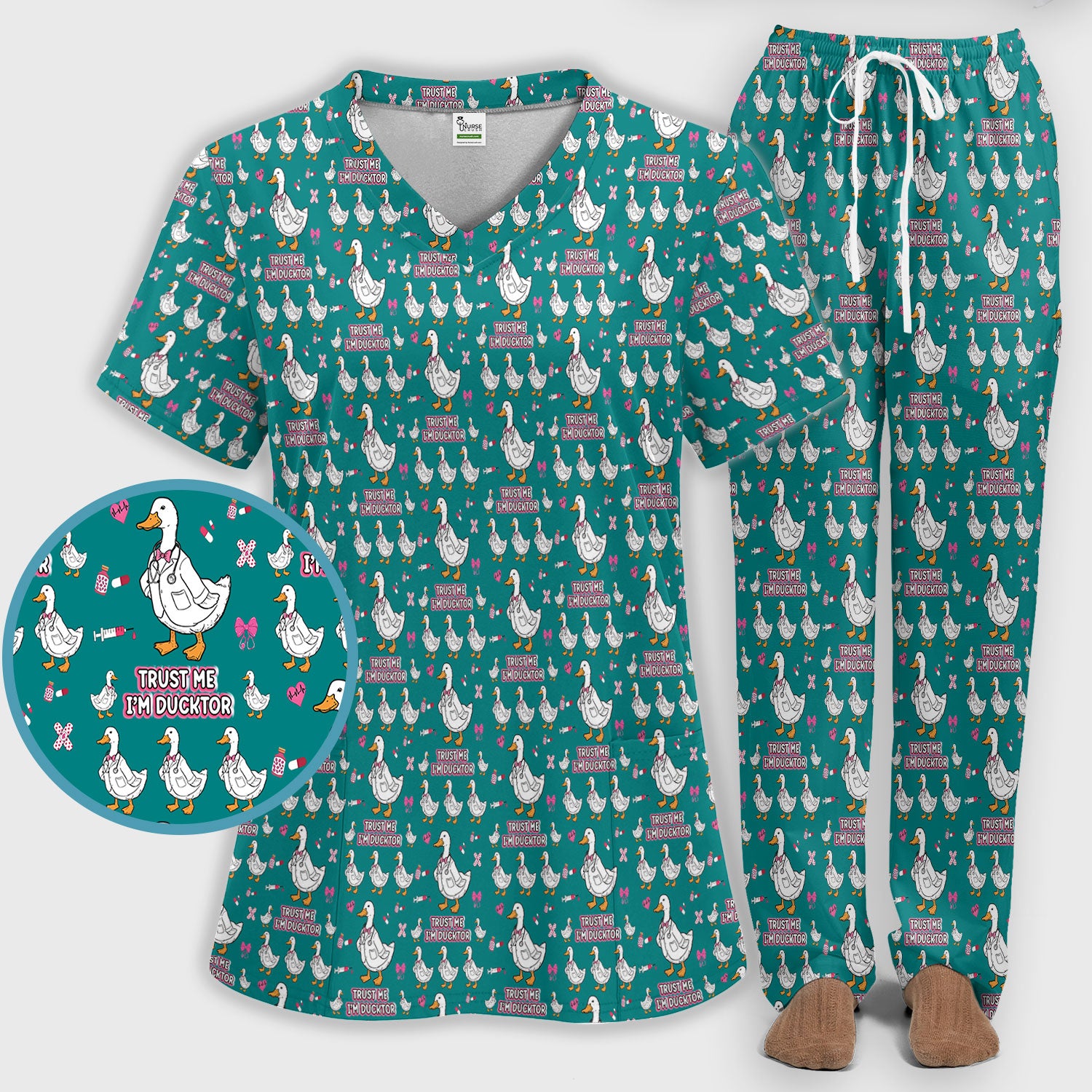 Trust Me I'm Ducktor Scrub Set, Funny Duck Pattern Scrub Shirt, Breathable Fabrics Nursing Uniform For Women