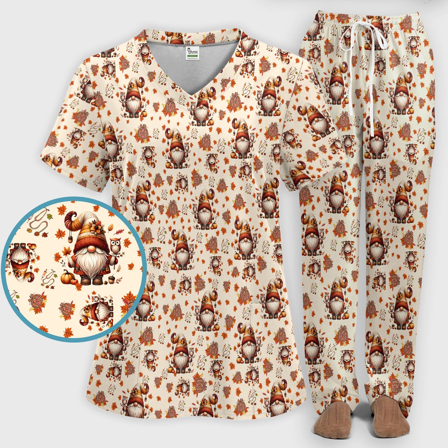 Autumn Leaves Pumpkin Scrubs Set for Women - Gnome Scrubs for Nurse Mama - Breathable Fabrics Nursing Uniform