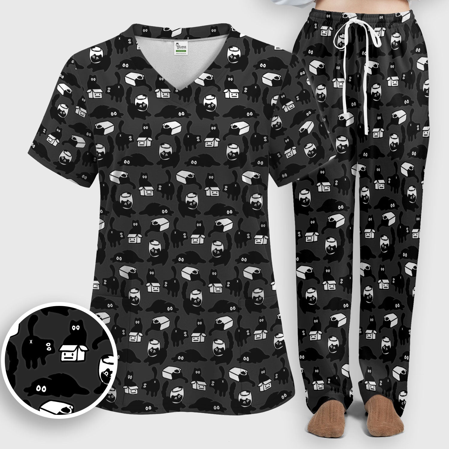 Dark Playful Cat Cartoon Pattern Scrub Set, Breathable Med Uniform