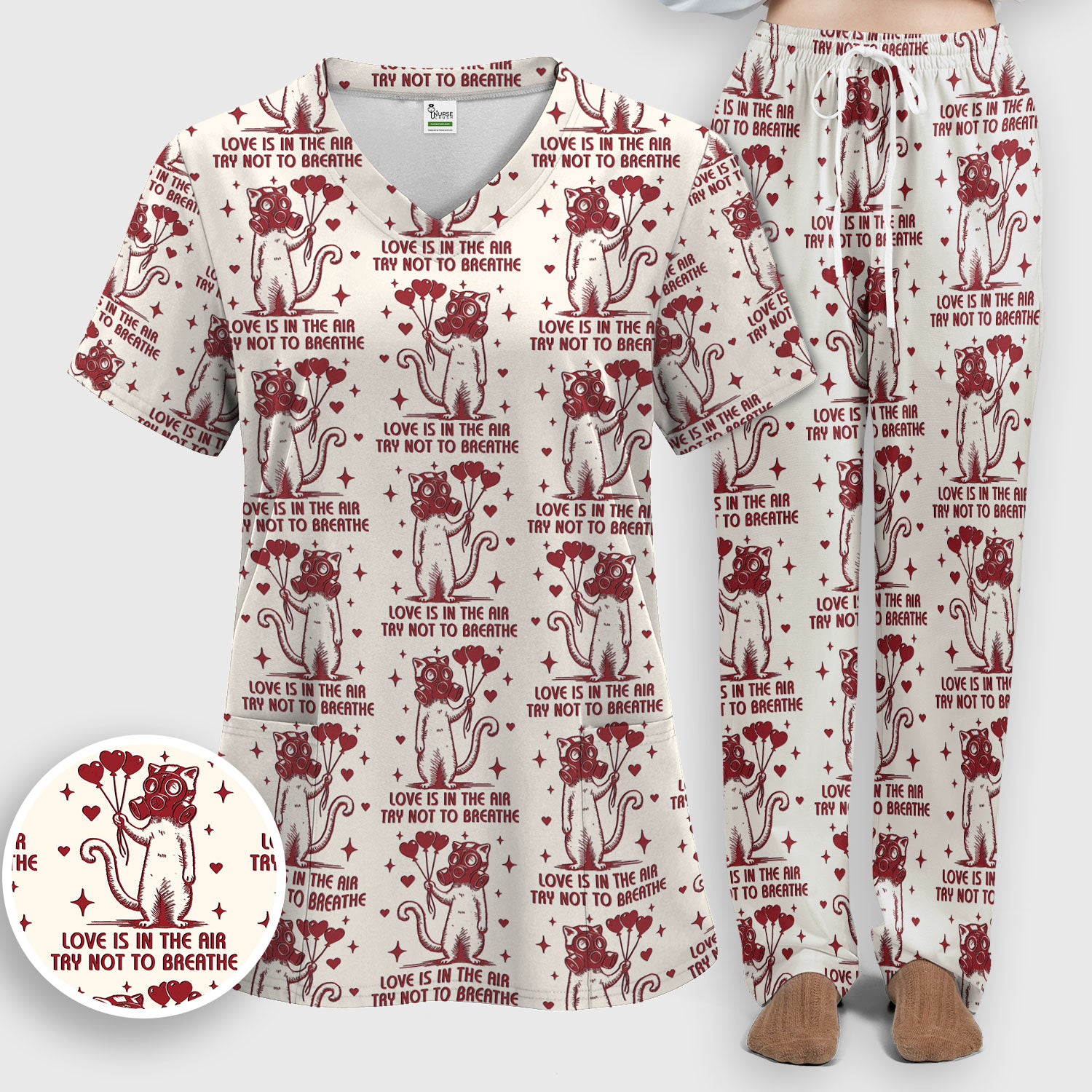 Gas Mask Cat Heart Balloon Valentine Print Scrub Set, Breathable Med Uniform