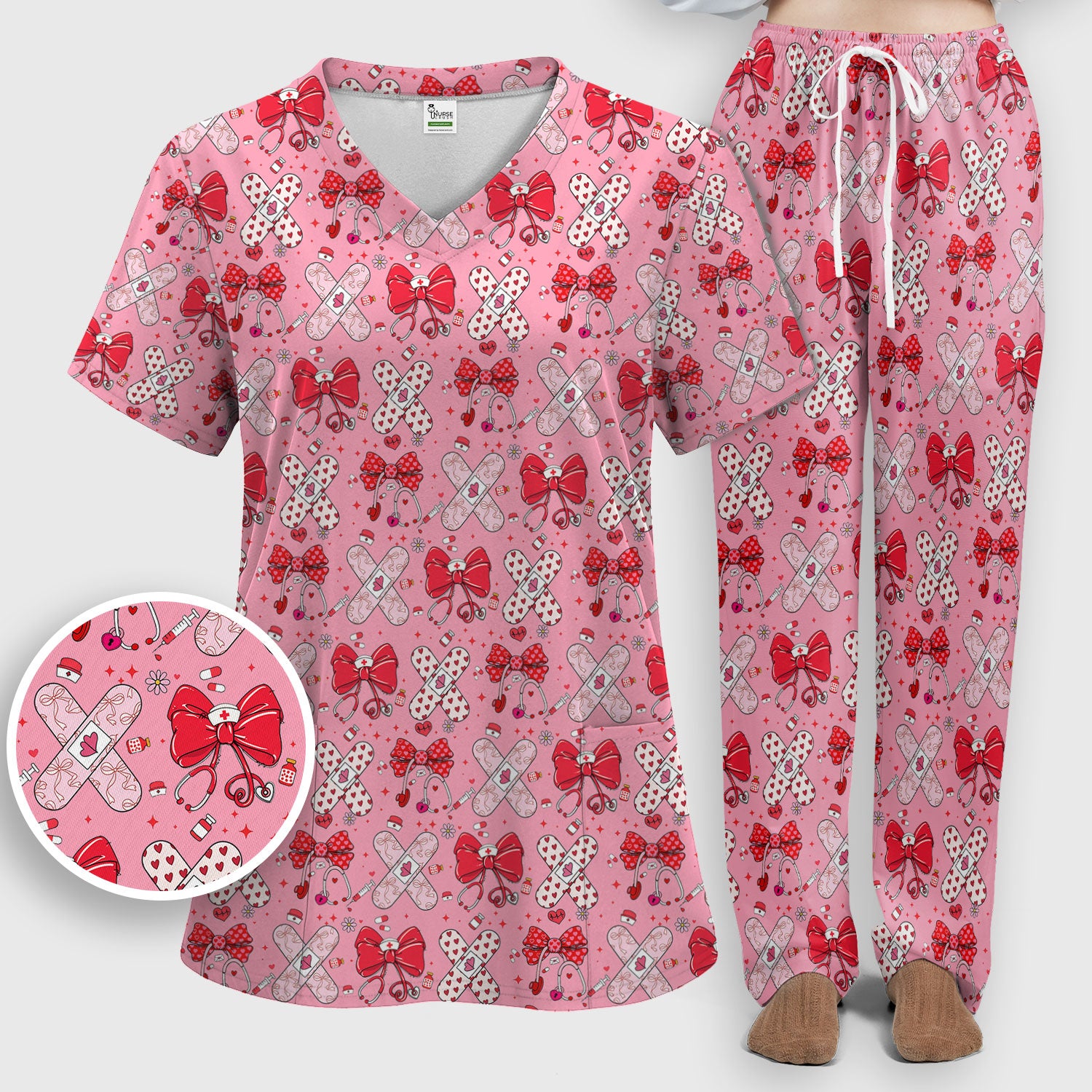 Valentine Nurse Scrub Set, Red Bow And Heart Bandage Pattern Medical Shirt, Breathable Fabrics Nursing Uniform