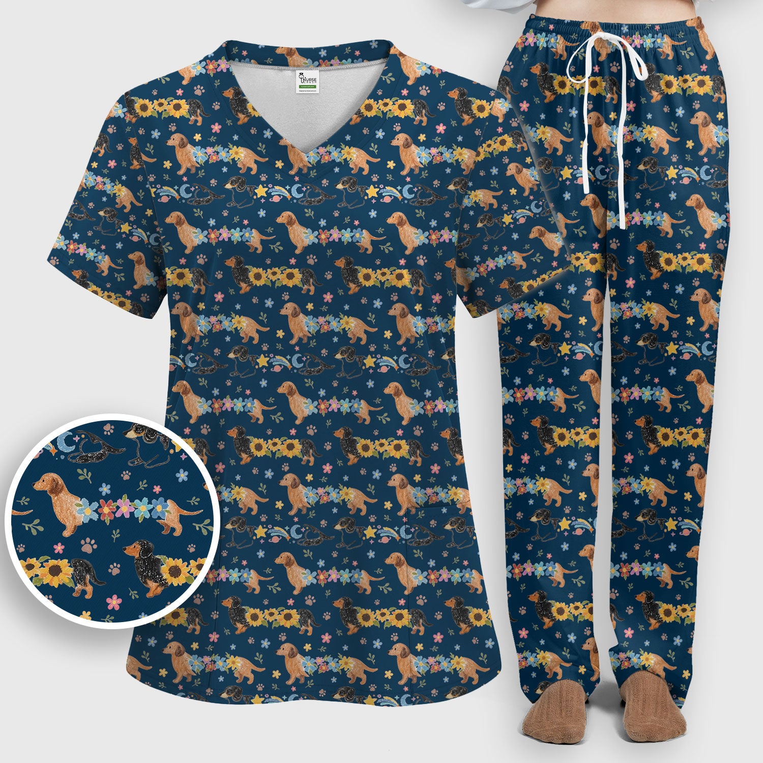 Floral Wiener Dog Pattern Scrub Set, Scrub Pants and V Neck Top