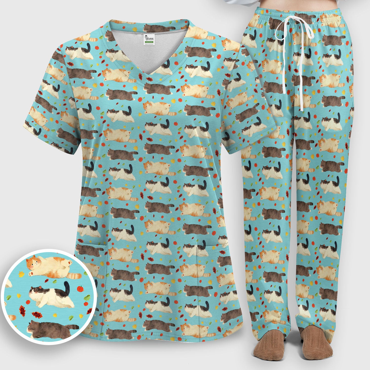 Chubby Cat Autumn Leaves Print Scrub Set, Breathable Med Uniform