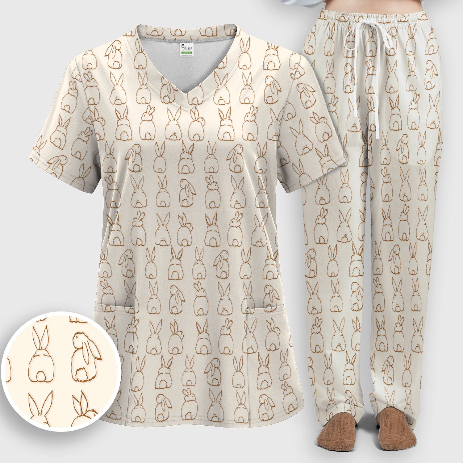 Cartoon Bunny Line Art Pattern Medical Scrub Set, Breathable Med Uniform