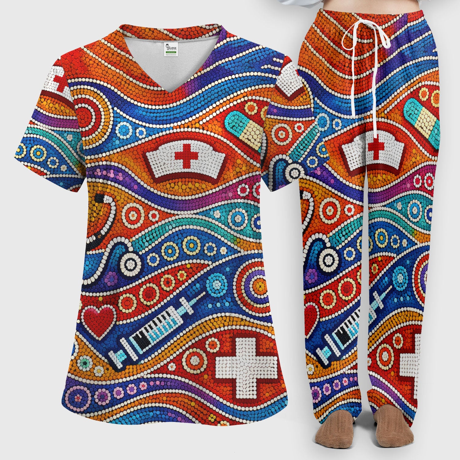 Aboriginal Dot Art Nurse Scrub Set, Artistic Medical Pattern Shirt, Breathable Fabrics Nursing Uniform