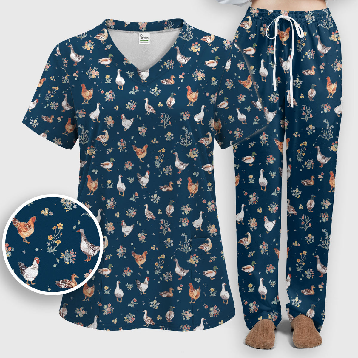 Farm Chicken Duck Floral Pattern Scrubs Sets, Scrub Pants and V Neck Top