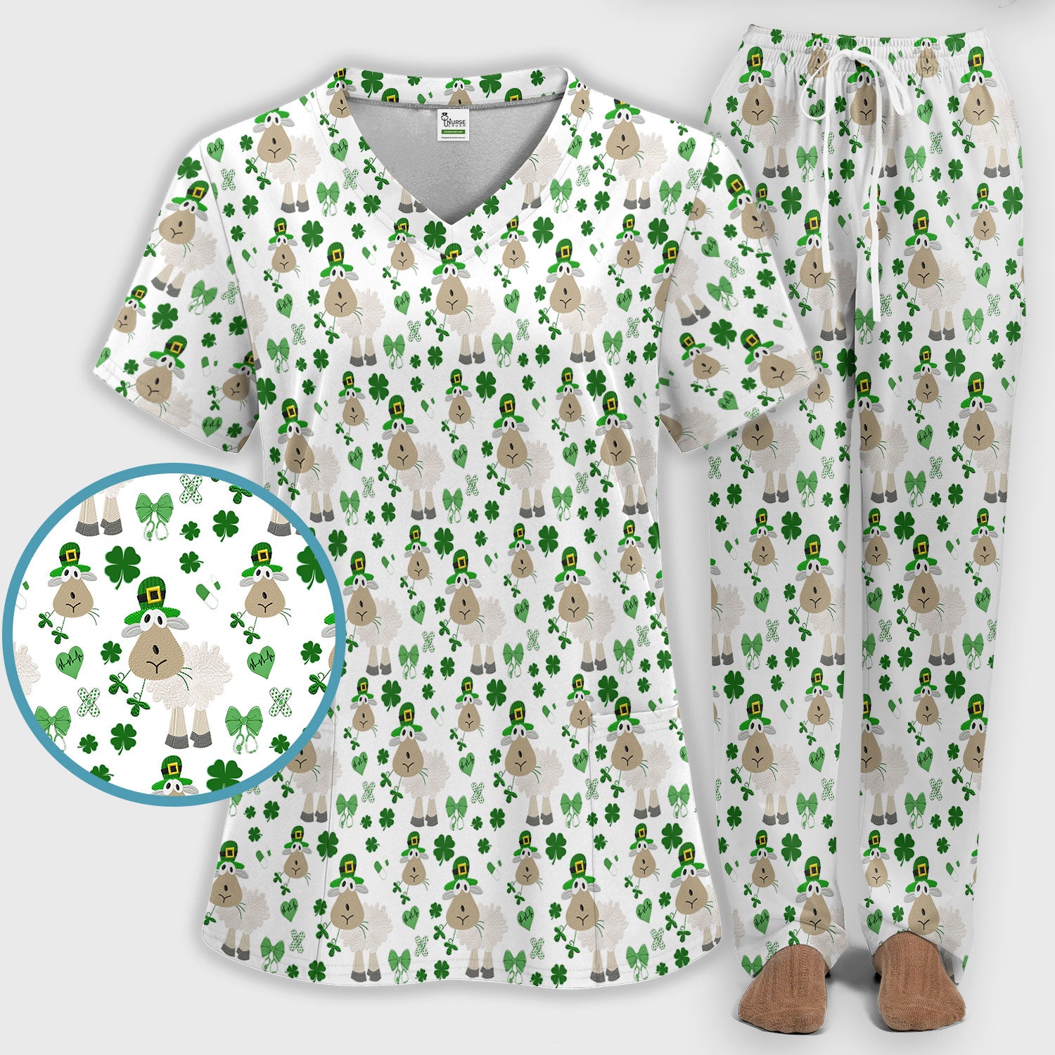 Nurse St. Patrick Scrubs Set, Cute Sheep Shamrock Pattern Nurse Shirt, Breathable Fabrics Nursing Uniform