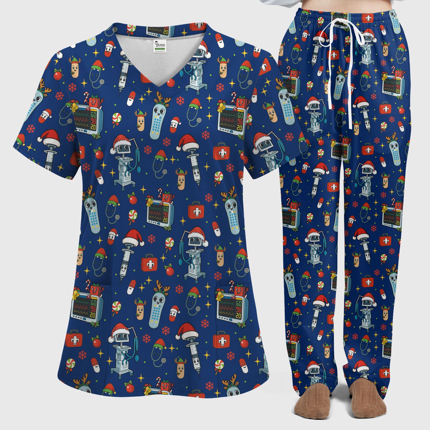 Christmas Nurse Scrub Set - Funny Robot and Reindeer Pattern Medical Scrubs - Cute Holiday Matching Set for Women Nurses