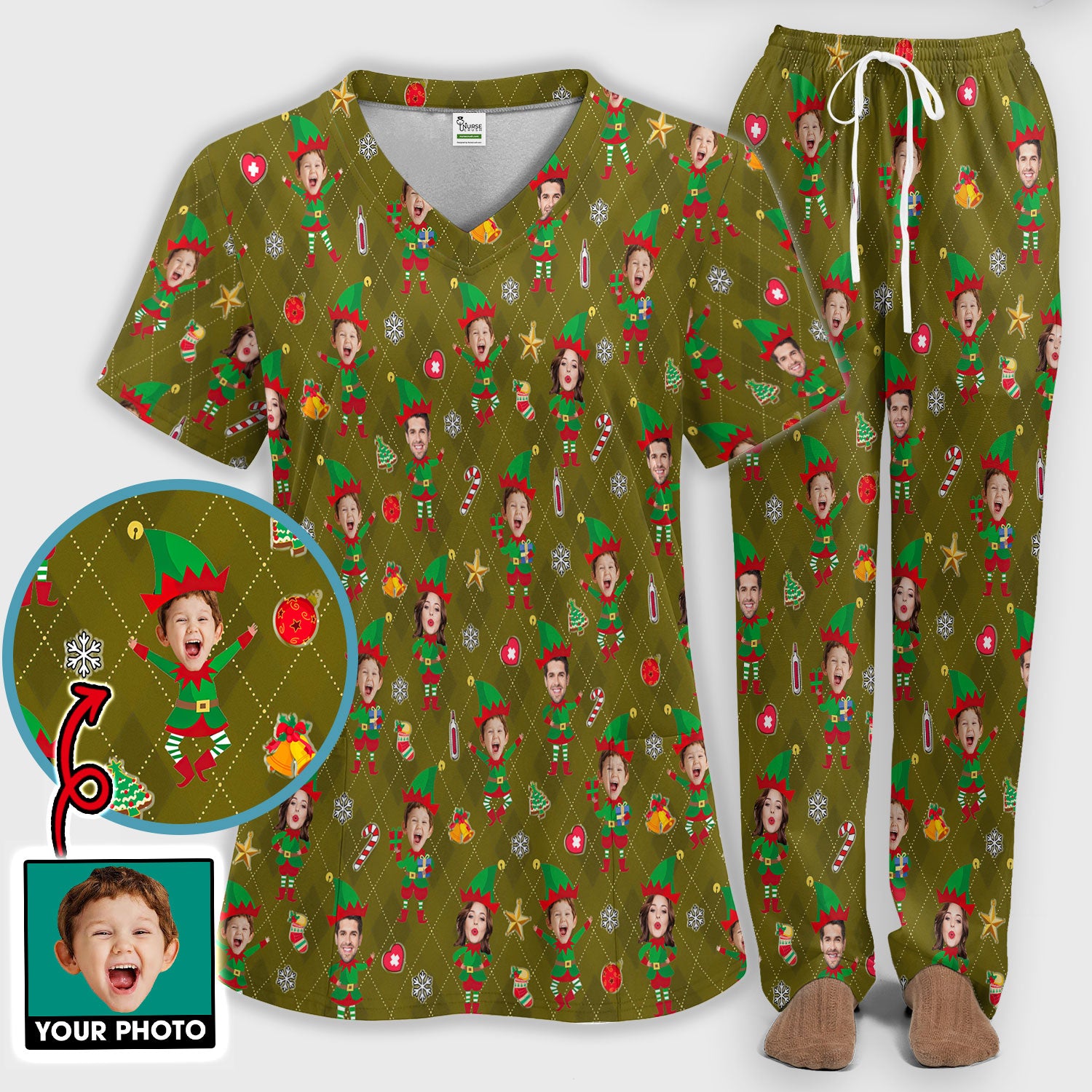 Personalized Face Nurse Uniform, Custom Photo Christmas Scrub Set, Funny Holiday Medical Uniform For Nursing