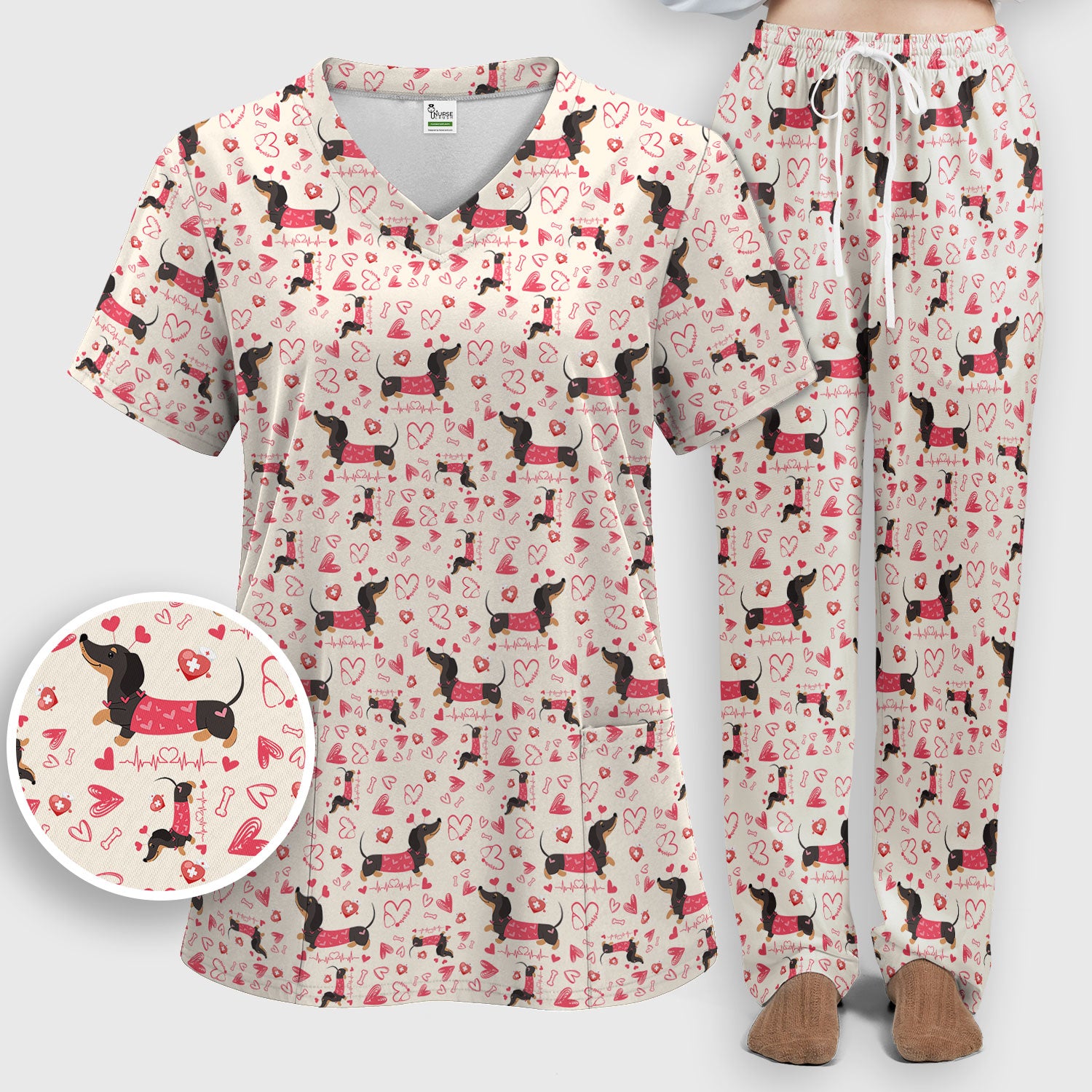 Dachshund Valentine Scrub Set, Cute Wiener Dog Heart Pattern Nurse Shirt, Breathable Fabrics Nursing Uniform