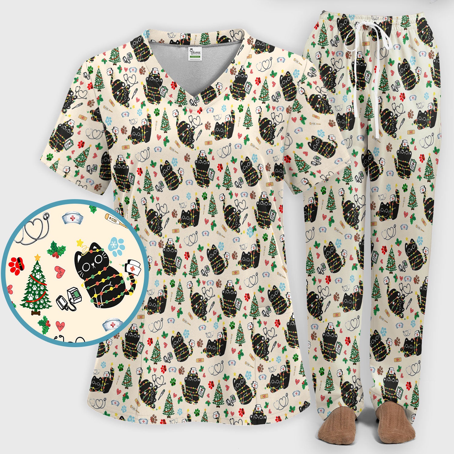 Funny Black Cat Christmas Scrub Set – Cute Holiday Kitty Pattern – Festive Medical Uniform for Nurses, Vets, and Cat Lovers