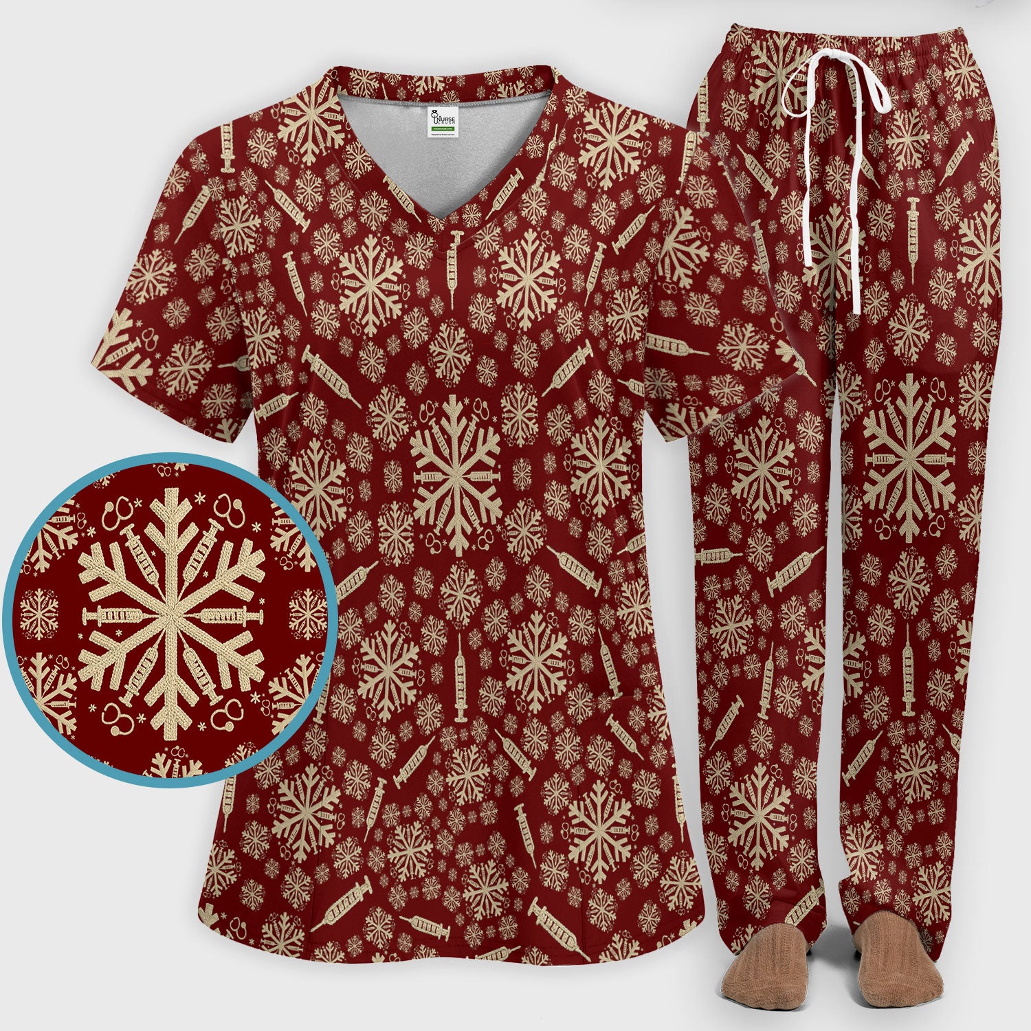 Snowflake Syringe Scrubs Pants and V Neck Top for Women - Winter Snow Medical Set - Funny Christmas Gift for Nurse