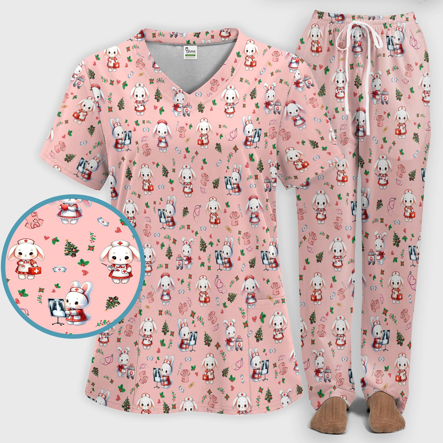 Cute Bunny Scrub Set for Nurse - Adorable Christmas Rabbit Pants and V Neck Top - Funny Holiday Medical Shirt Gift