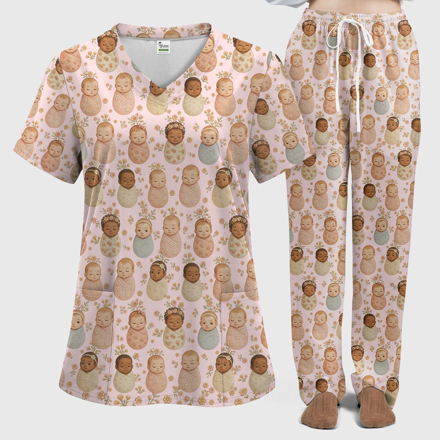 Sweet Newborn Baby Floral Print Women's Scrub Set, Breathable Med Uniform