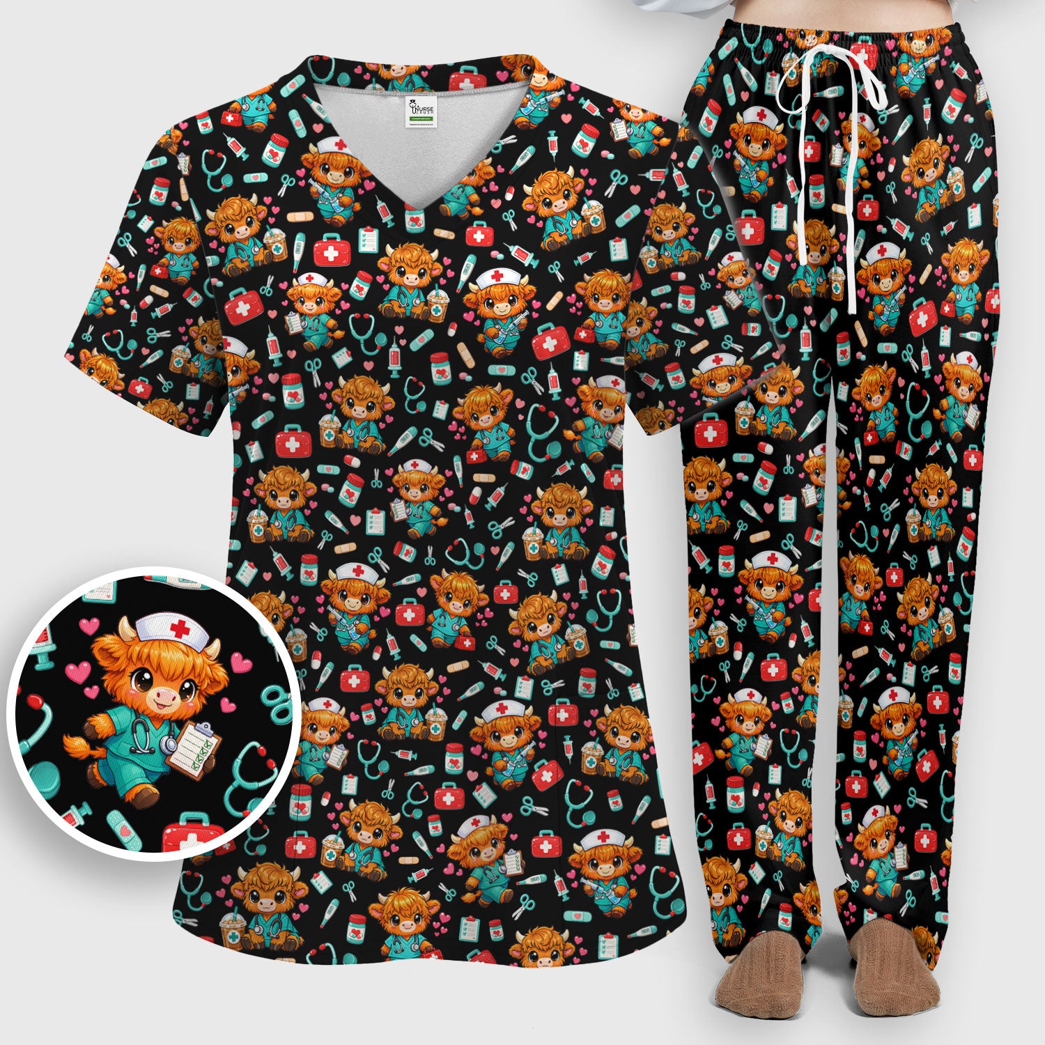 Cute Highland Cow Nurse Scrub Set, Kawaii Medical Pattern Shirt, Breathable Fabrics Nursing Uniform