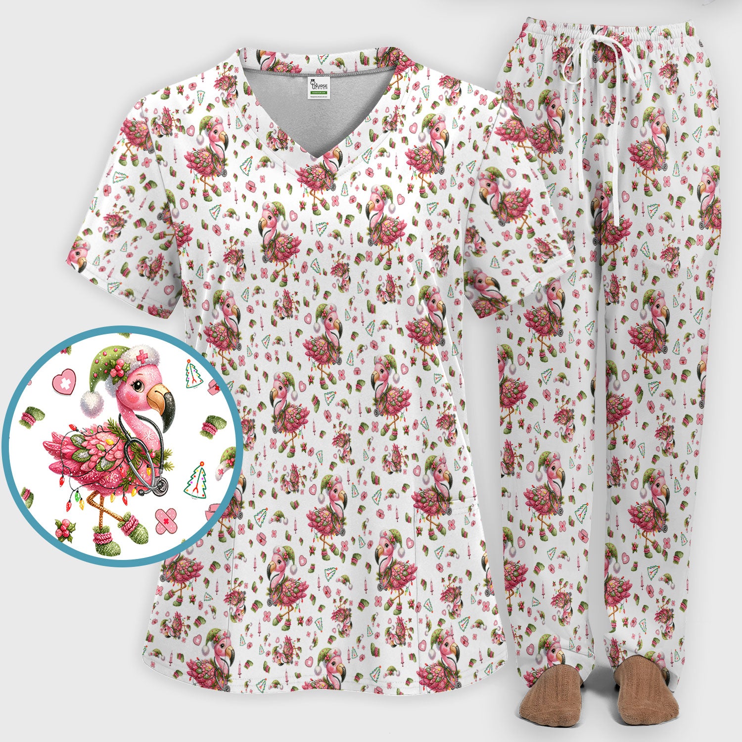 Pink Flamingo Christmas Scrub Set - Cute Flamingo Scrubs Pants and V Neck Top - Fun Christmas Medical Uniform