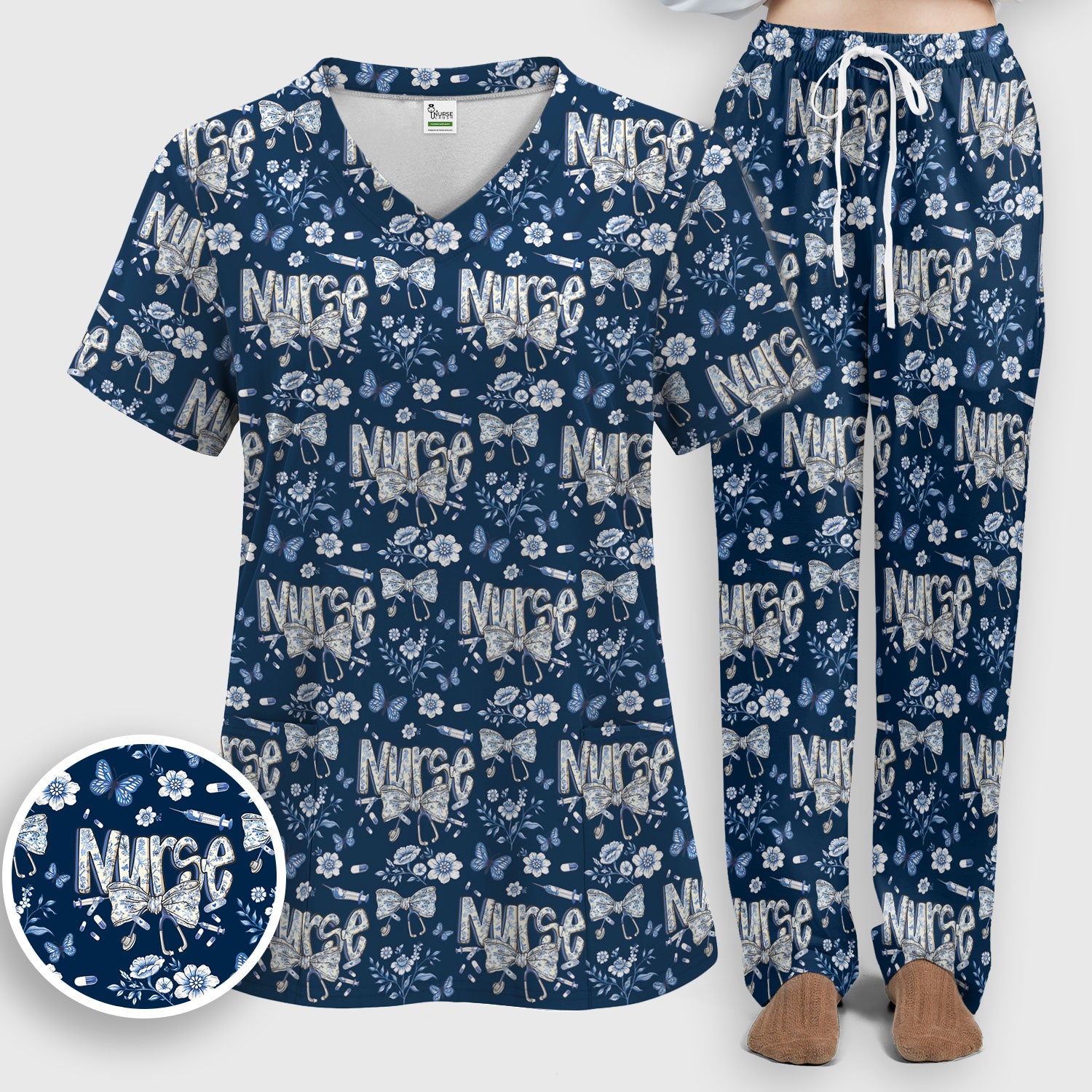 Blue Nurse Bow Butterfly Floral Pattern Scrub Set,  Breathable Med Uniform