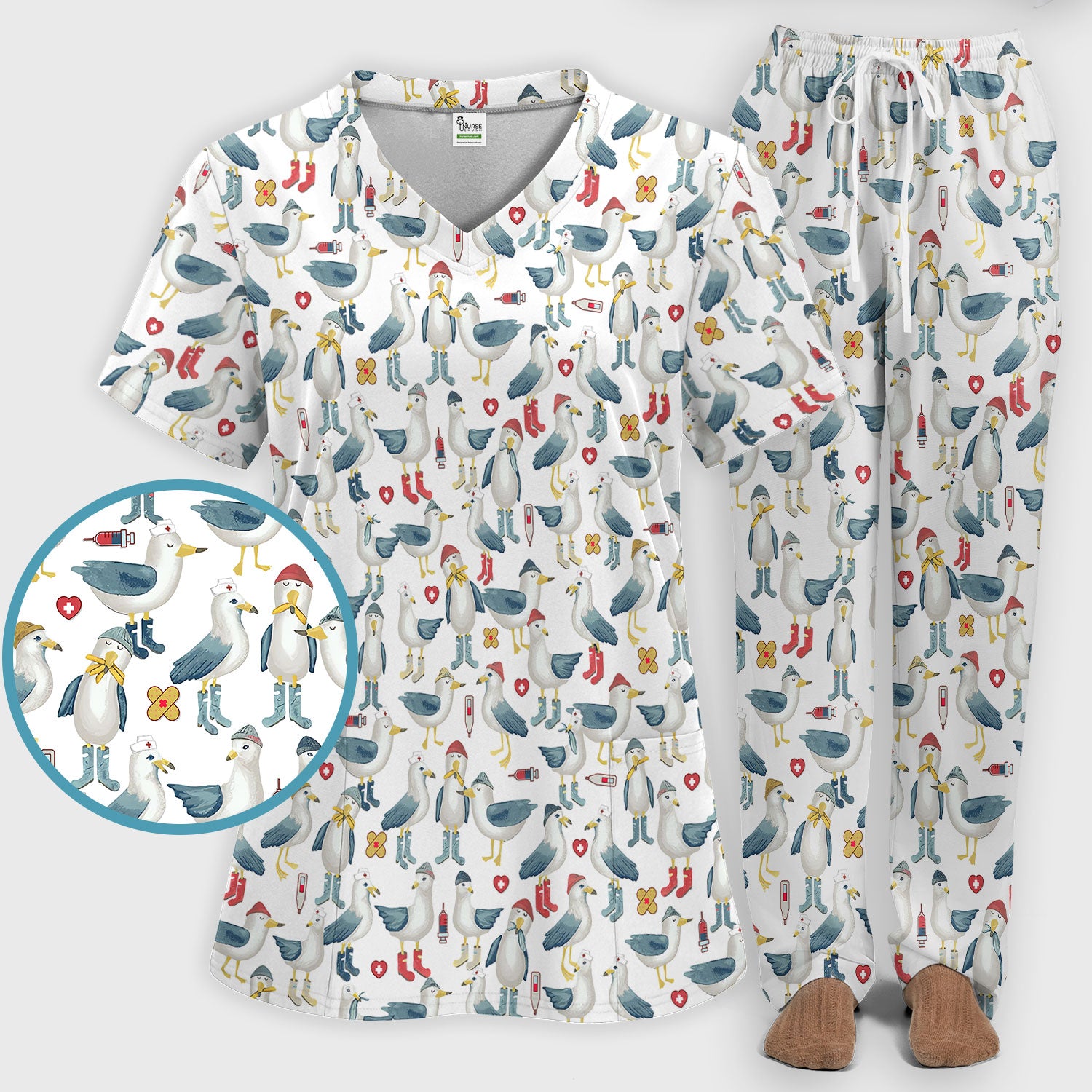 Seagull Scrub Set for Nurses - Adorable Birds Medical Uniform - Funny Scrubs Pants and V Neck Top for RN CNA LPN