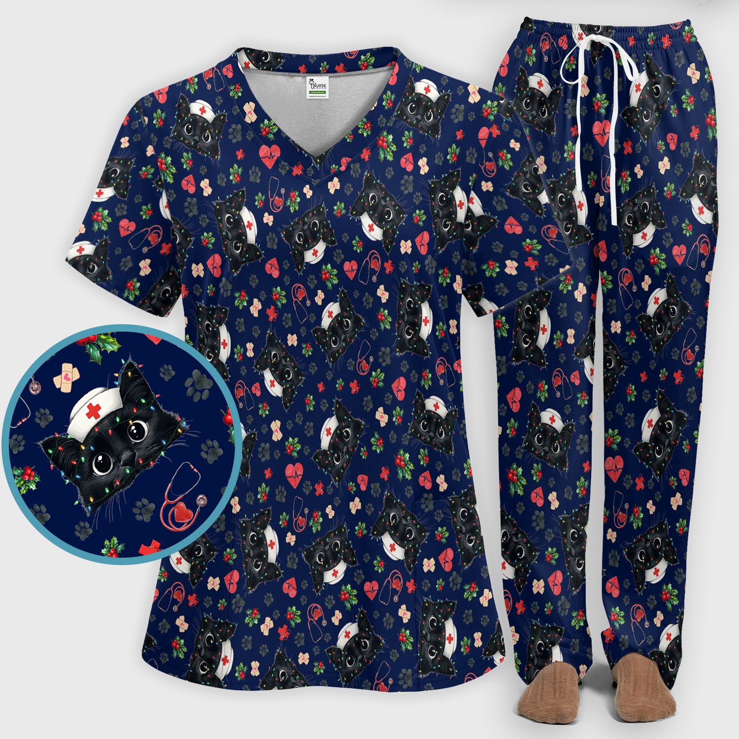 Black Cats Comfortable Scrubs for Nurses - Cute Kittens Christmas Scrubs Pants and V Neck Top - Breathable Med Uniform Gift for Women