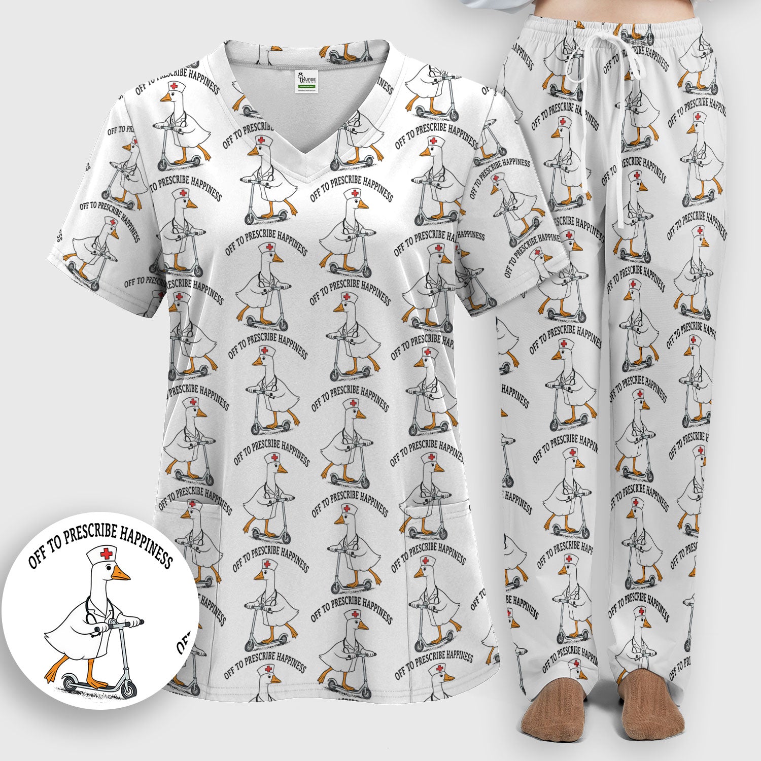 Nurse Goose Scooter Print Scrub Set, Breathable Med Uniform