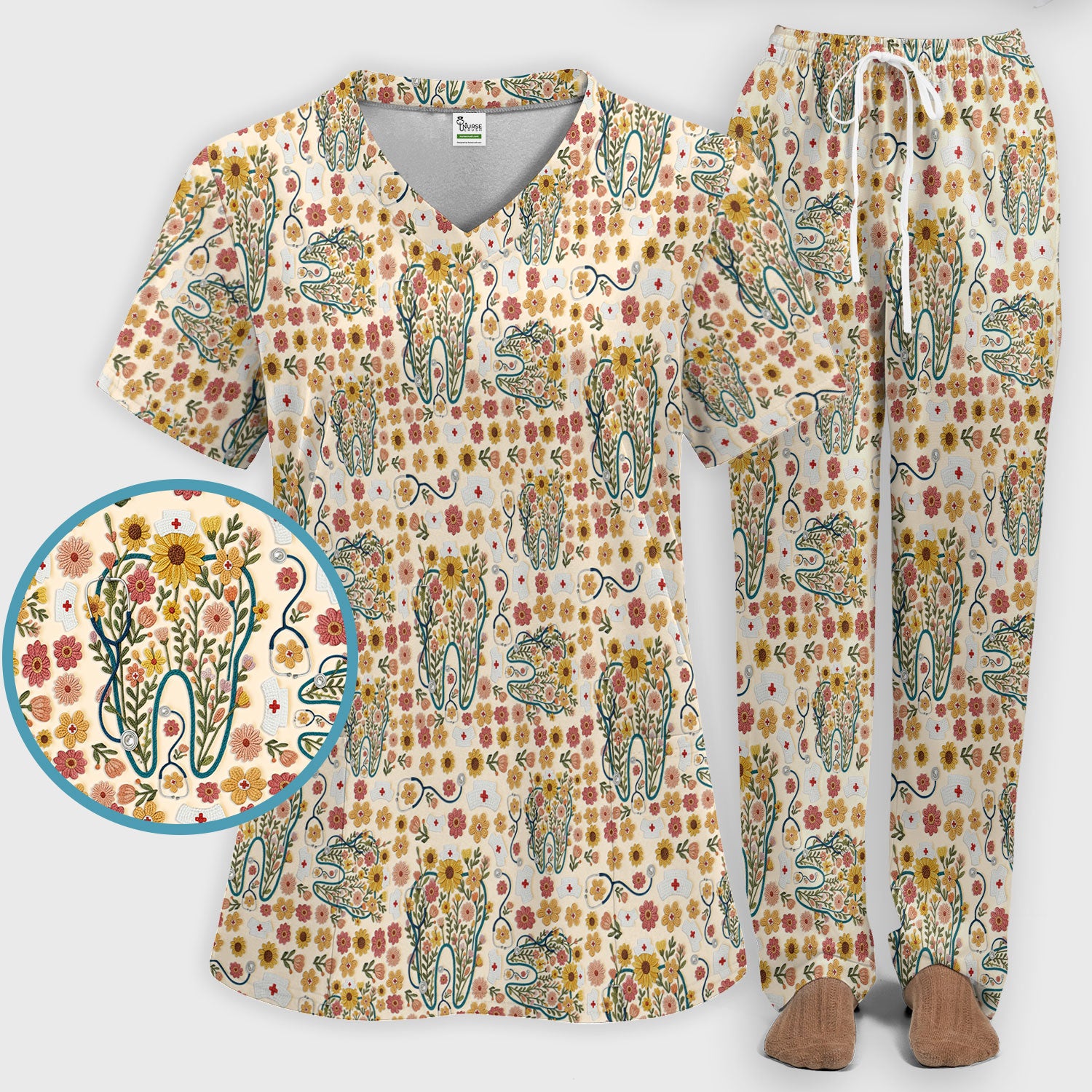 Boho Floral Tooth Scrub Set - Aesthetic Dental Scrubs Pants and V Neck - Cute Flower Tooth Medical Uniform - Hygienist Christmas Gift