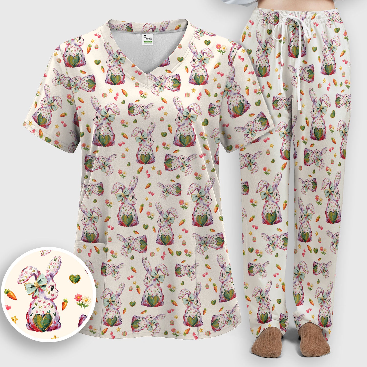 Cute Pastel Bunny Easter Pattern Scrub Set, Scrub Pants and V Neck Top
