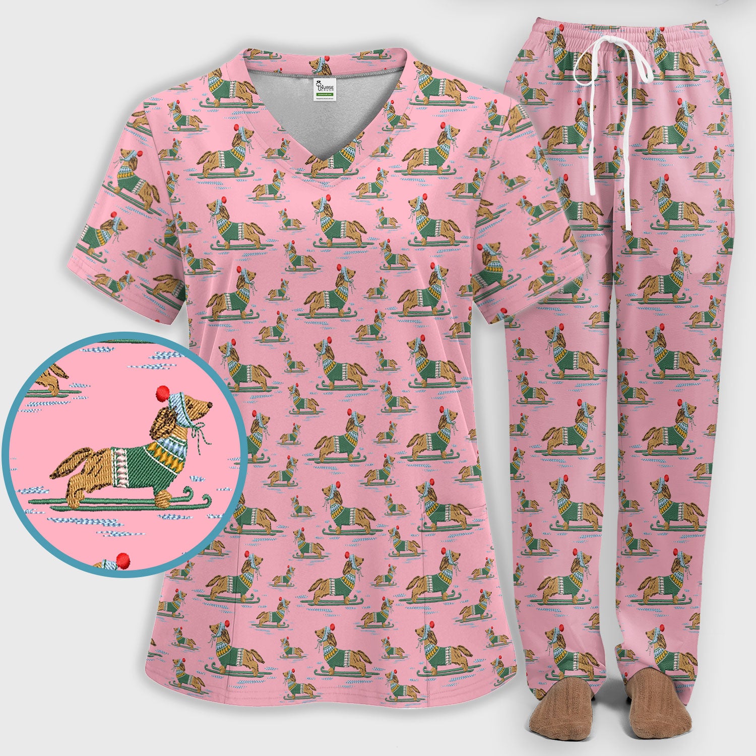 Dachshund Nurse Scrub Set, Wiener Dog Winter Pattern Shirt, Breathable Fabrics Nursing Uniform
